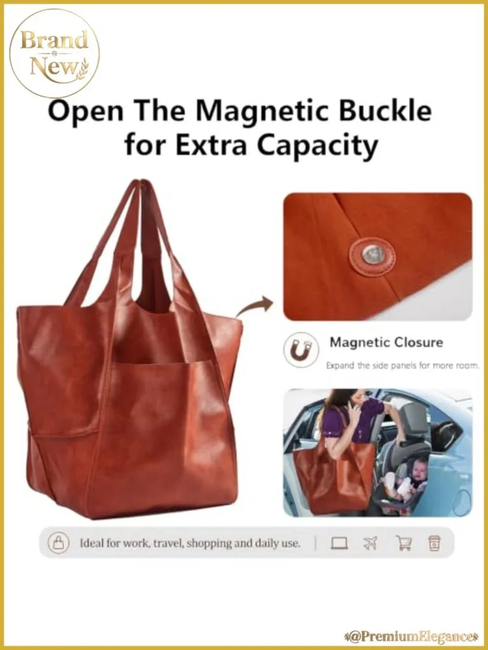Oversized Leather Hobo Tote Bag Huge Capacity Work PU Leather